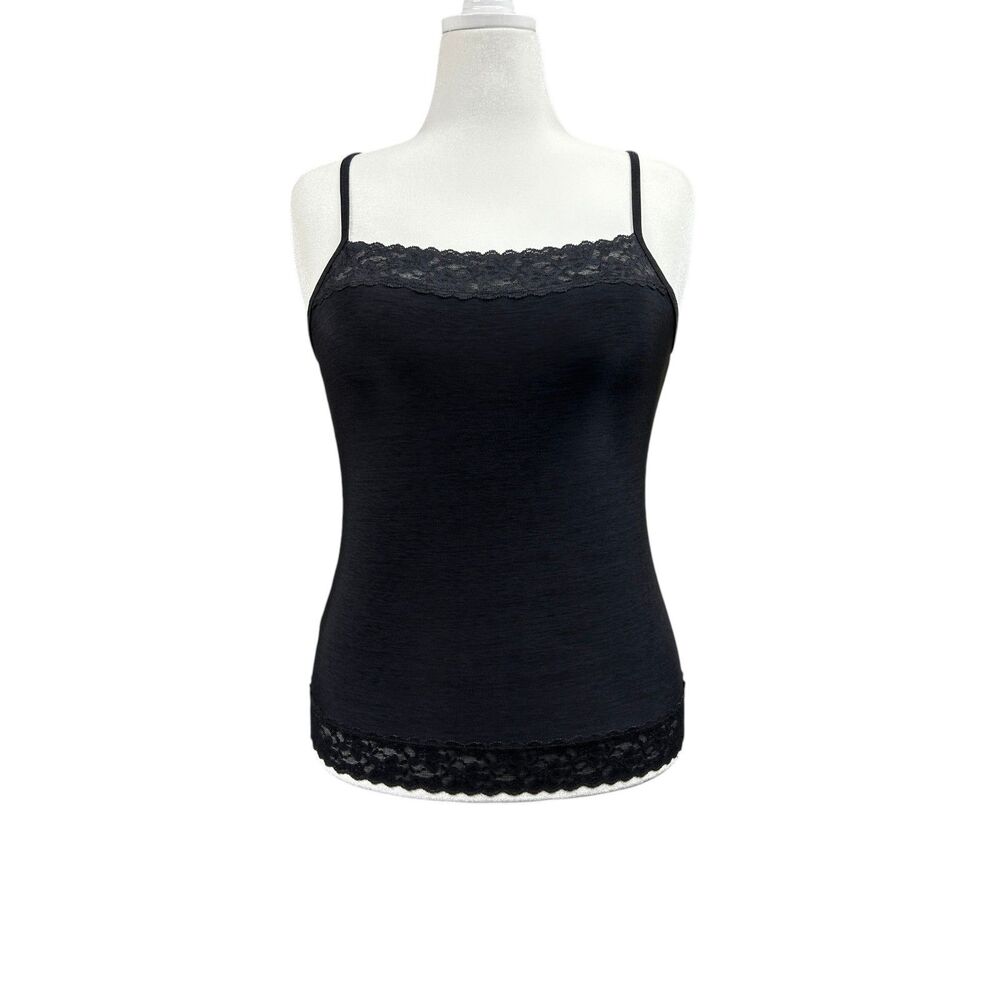 Vanity Fair Heathered Stretch Lace Trim Square Neck Camisole Sz XL Black
